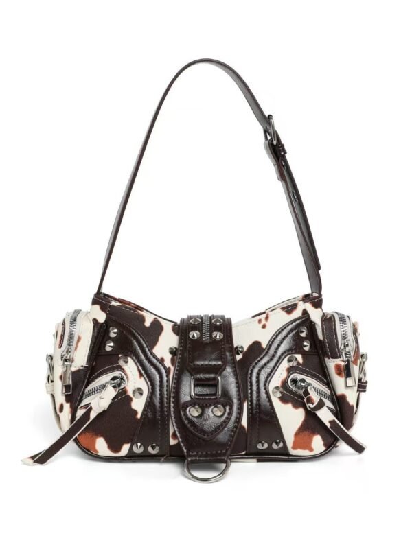 Leather shoulder bag with a slanted strap for women - milk pattern