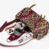 Leather shoulder bag with a slanted strap for women - leopard print red