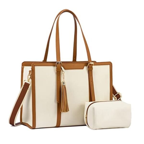 Computer Bag with Clutch - white wiht brown