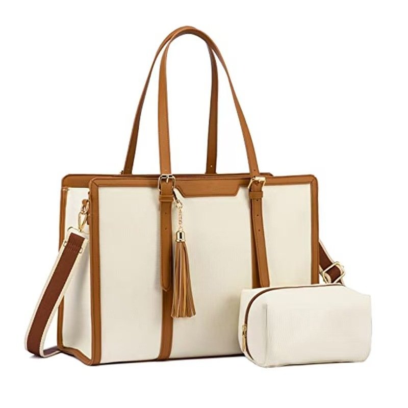 Computer Bag with Clutch - white wiht brown