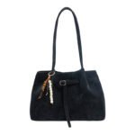 Retro Suede Shoulder Tote Bag - color black, with pendant