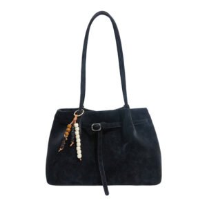 Retro Suede Shoulder Tote Bag - color black, with pendant